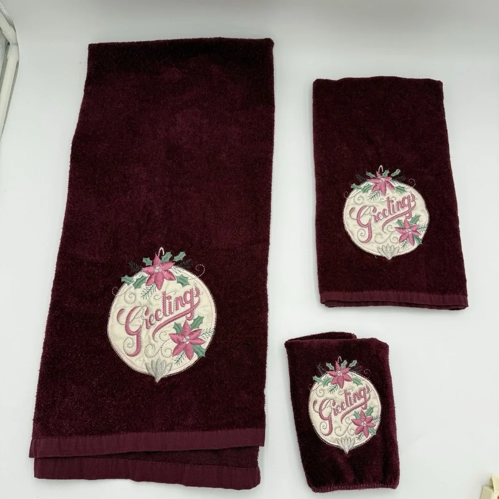 Set 3 Vintage‎ Holiday Embroidered Santa Bath & Hand Towels 100% Cotton Maroon